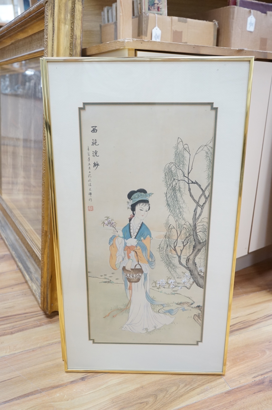 Chinese school, set of four watercolours, Geisha girls before trees and flowers, each signed with character marks and red seal mark, largest 59 x 28cm